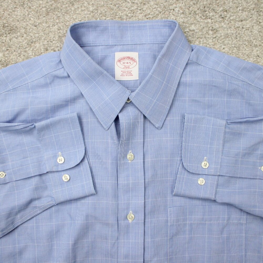 Brooks Brothers 346 Shirt Mens 17, 4/5 Blue Regular Fit Non-Iron 100% Cotton L/S